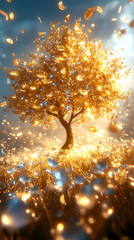 Wall Mural - Golden, glowing tree amidst a field of sparkling, ethereal petals, bathed in sunlight.