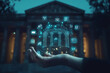 © K2Kstock - Municipal services provide community infrastructure. Person holding public sector icons on dark background