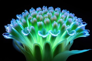 Wall Mural - a vibrant, illuminated flower with intricate petal details against a dark background.