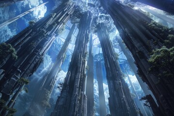 looking up at a towering, futuristic cityscape with trees growing on the towers