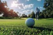 © YouraPechkin - Perfectly placed golf ball on a green with player preparing to putt in a sunny afternoon