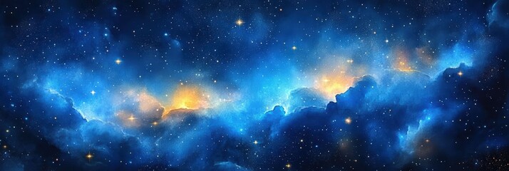 Wall Mural - blue gradient watercolor Starry sky background, dark blue Watercolor galaxy background with stars and nebulae, Blue watercolor space ,banner	
