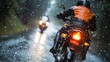 © liang - Biker navigating wet roads on a motorcycle training course during rainy weather, focusing on safety and control in challenging conditions.