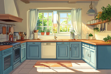 Wall Mural - Home kitchen interior with island and cooking cupboards