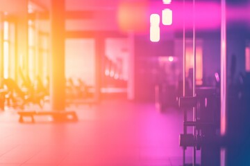 Wall Mural - A vibrant gym interior with exercise equipment and ambient lighting.