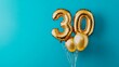 © Pangestu - Banner with number 30 golden balloon with copy space. thirty years anniversary celebration concept on a blue background