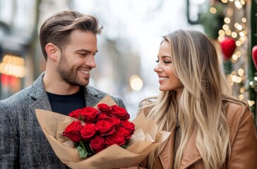 Romantic couple sharing a joyful moment with roses on a city street in autumn