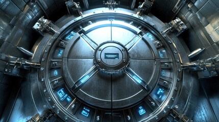 Poster - A metallic vault door with illuminated controls, suggesting security and technology.