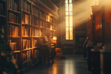 Aufkleber - A serene library bathed in warm light, inviting study and reflection.