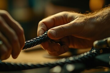 Poster - Close-up of hands intricately weaving a braided rope, highlighting craftsmanship and focus.