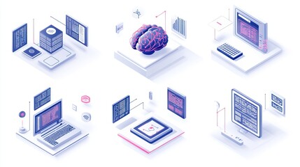 Leinwandbilder - A collection of isometric illustrations depicting technology and data analysis concepts.