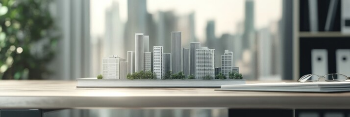 Poster - A miniature city model displayed on a desk, showcasing architectural design and planning.