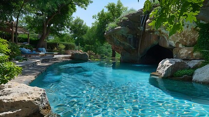 Canvas Print - A serene pool surrounded by lush greenery and natural rock formations, creating a tranquil leisure space.