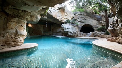 Canvas Print - A serene pool surrounded by natural rock formations and lush greenery, creating a tranquil leisure space.