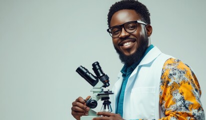 Aufkleber - A smiling scientist holding a microscope, showcasing enthusiasm for research and discovery.