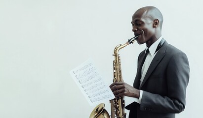 Aufkleber - A man in a suit plays the saxophone, engaging with sheet music in a minimalist setting.