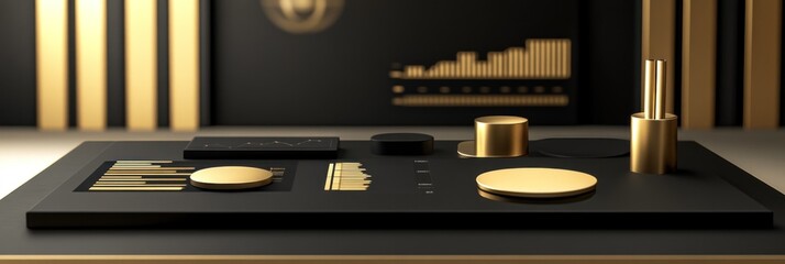 Fototapete - A sleek, modern control panel with gold accents and various circular and rectangular elements.