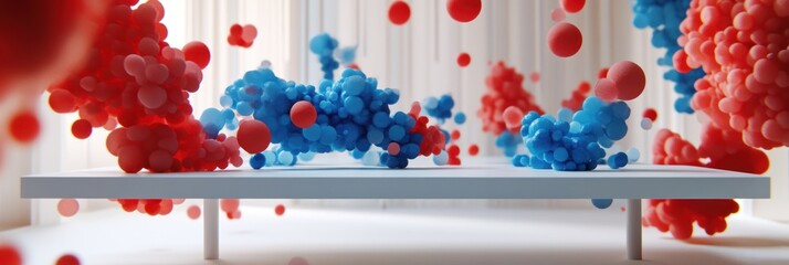 Aufkleber - A vibrant scene with red and blue spheres floating above a white platform.