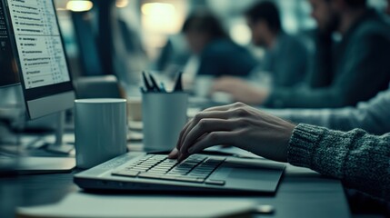 Fototapete - A person typing on a laptop in a modern office environment.