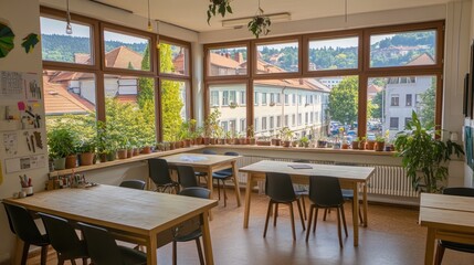 Aufkleber - A bright room with tables and plants, overlooking a scenic urban view.