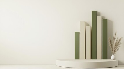 Poster - Minimalist display featuring geometric shapes and a plant arrangement on a neutral background.
