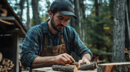 Wall Mural - A craftsman carves wood in a serene forest setting, showcasing skill and dedication to traditional woodworking techniques.