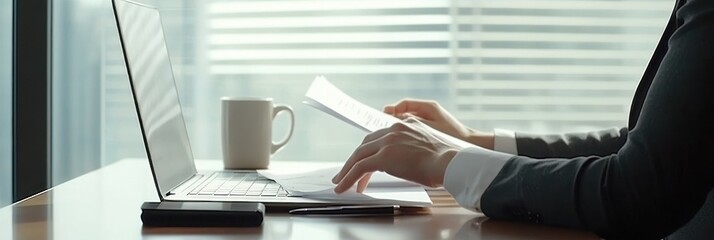 Poster - A person working on a laptop with a cup and documents on a desk in a modern office.