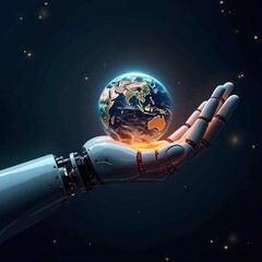 Wall Mural - the globe rests in the palm of a robotic hand. futuristic dark blue background - generative ai