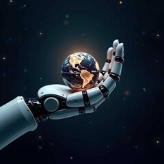 Wall Mural - the globe rests in the palm of a robotic hand. futuristic dark blue background - generative ai