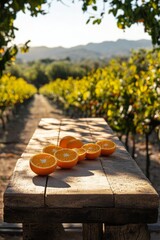 Wall Mural - Freshly cut oranges on a wooden table in a sunny orchard during harvest season