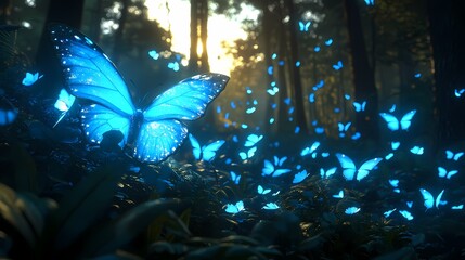 digital technology forest blue glowing butterfly illustration poster background