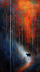 Wall Mural - a black bear strolls through a forest trail adorned with red foliage, while an orange sky backdrops 
