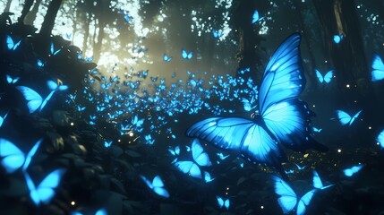 digital technology forest blue glowing butterfly illustration poster background