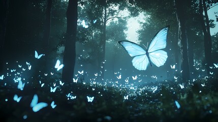 digital technology forest blue glowing butterfly illustration poster background