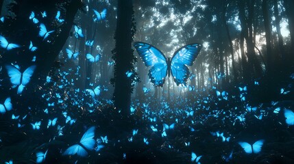 digital technology forest blue glowing butterfly illustration poster background