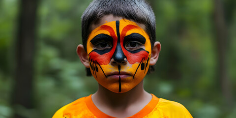 Young boy with vibrant ojibwe face paint stands in a blurred forest, representing cultural heritage and connection to nature