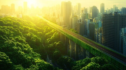 Fototapete - Overhead shot of a digitally connected eco-friendly urban area with smart transportation and energy-efficient architecture and side empty space for text Stockphoto style