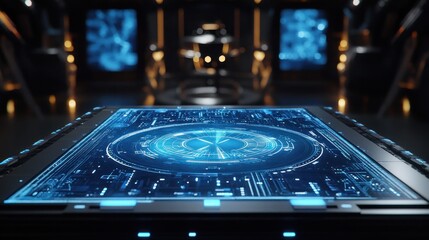 Poster - A futuristic control interface with glowing blue graphics and a sleek design.