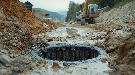 Fototapete - Modern urban water drainage system with visible piping and engineered flow control mechanisms and side empty space for text Stockphoto style