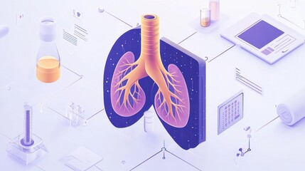Poster - A stylized illustration of lungs surrounded by scientific equipment and data elements.