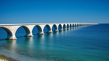 Fototapete - Coastal bridge stretching over a large body of water during its final phase of construction with side empty space for text Stockphoto style