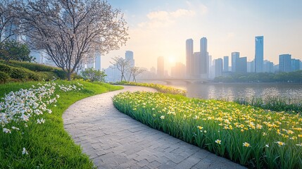 Fototapete - High-resolution view of urban infrastructure including streets bridges and green spaces with clean design elements and side empty space for text Stockphoto style