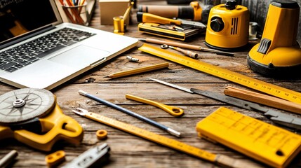 Fototapete - Blueprint on a table surrounded by drafting tools such as rulers compasses and pencils with a laptop displaying a CAD software screen and side empty space for text Stockphoto style