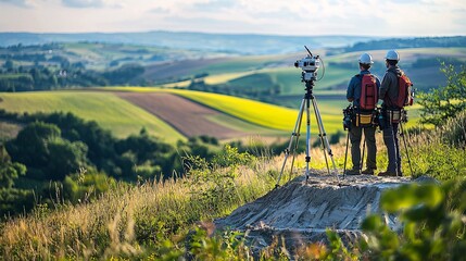 Fototapete - Civil engineering survey team using total stations and GPS tools to map a rugged landscape with visible terrain features and side empty space for text Stockphoto style