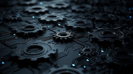 Fototapete - Mechanical components and gears interlocked in a seamless design emphasizing precision engineering with side empty space for text Stockphoto style