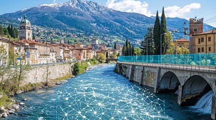 Fototapete - Advanced urban drainage systems featuring real-time monitoring and smart flood prevention technologies with side empty space for text Stockphoto style