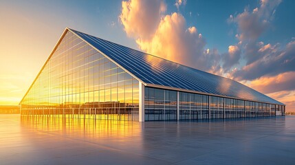 Fototapete - Smart building with solar panels and automated climate control systems under construction and side empty space for text Stockphoto style