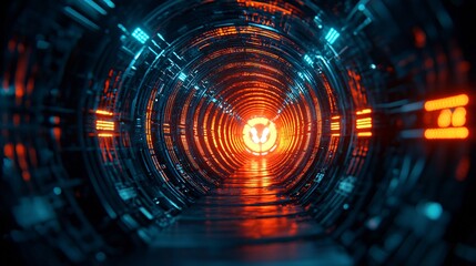 Fototapete - Detailed view of an underground smart tunnel system with automated transport networks and emergency systems and side empty space for text Stockphoto style