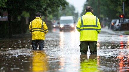 Fototapete - Civil engineers inspecting smart flood barriers equipped with advanced water level sensors in a coastal city and side empty space for text Stockphoto style