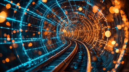 Fototapete - Detailed view of an underground smart tunnel system with automated transport networks and emergency systems and side empty space for text Stockphoto style